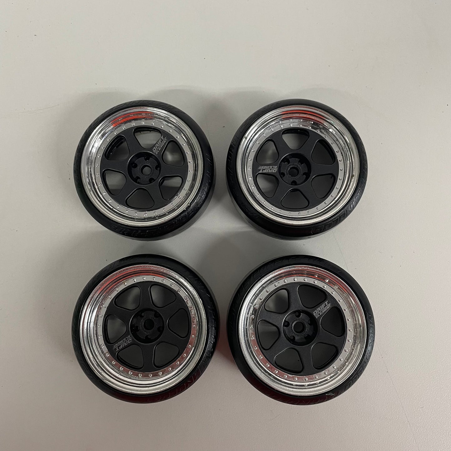 DS Racing Elements Drift Wheels Black Chrome & Silver Dot Tyres