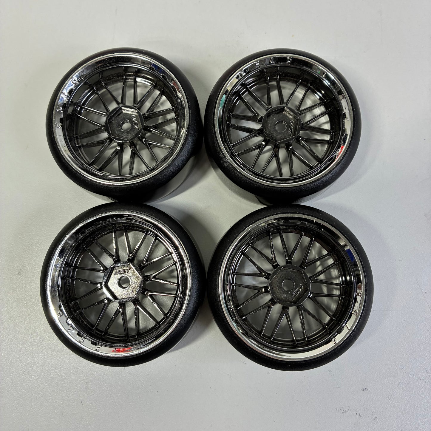 MST Adjustable Offset Wheels Black Chrome & Silver Dot Tyres