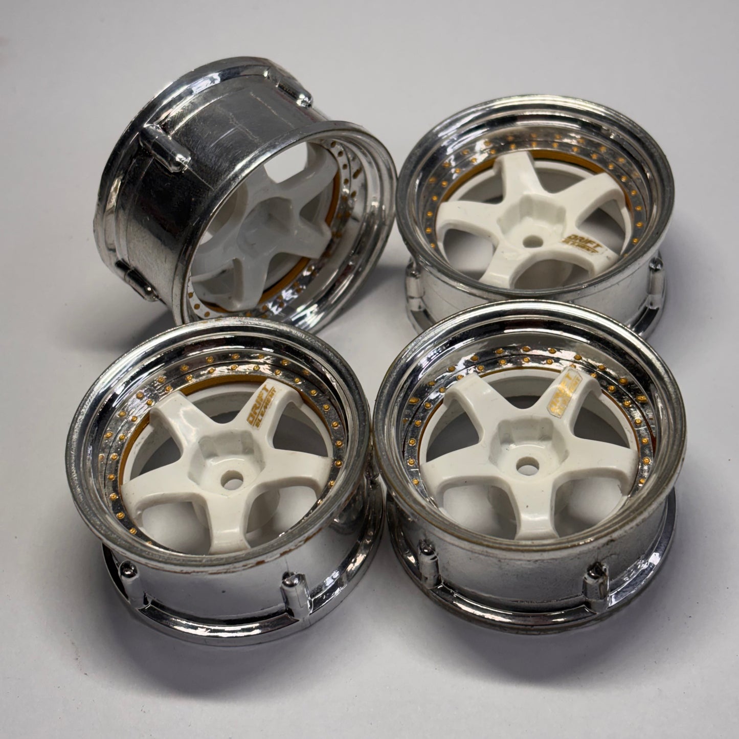 DS Racing White Chrome Wheels Adjustable Offset Gold